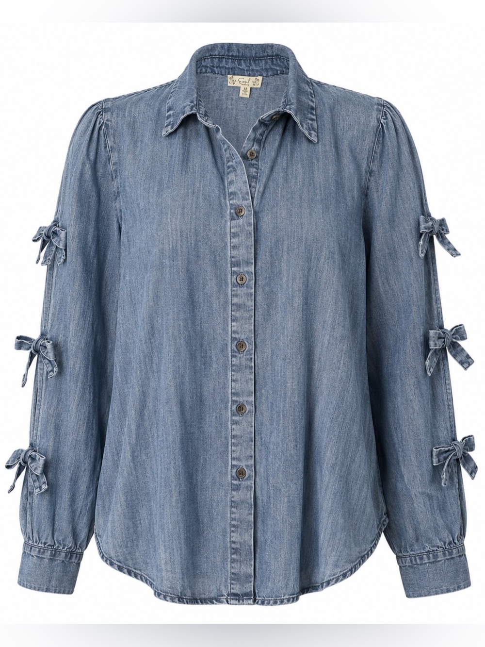 Easel Chambray Button Front Blouse with Sleeve Bow Details Size Medium